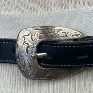 Western Black Leather Belt with Ornate Silver Buckle sz26